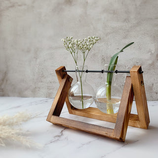 Glass Planter Bulb Vase with Wooden Stand